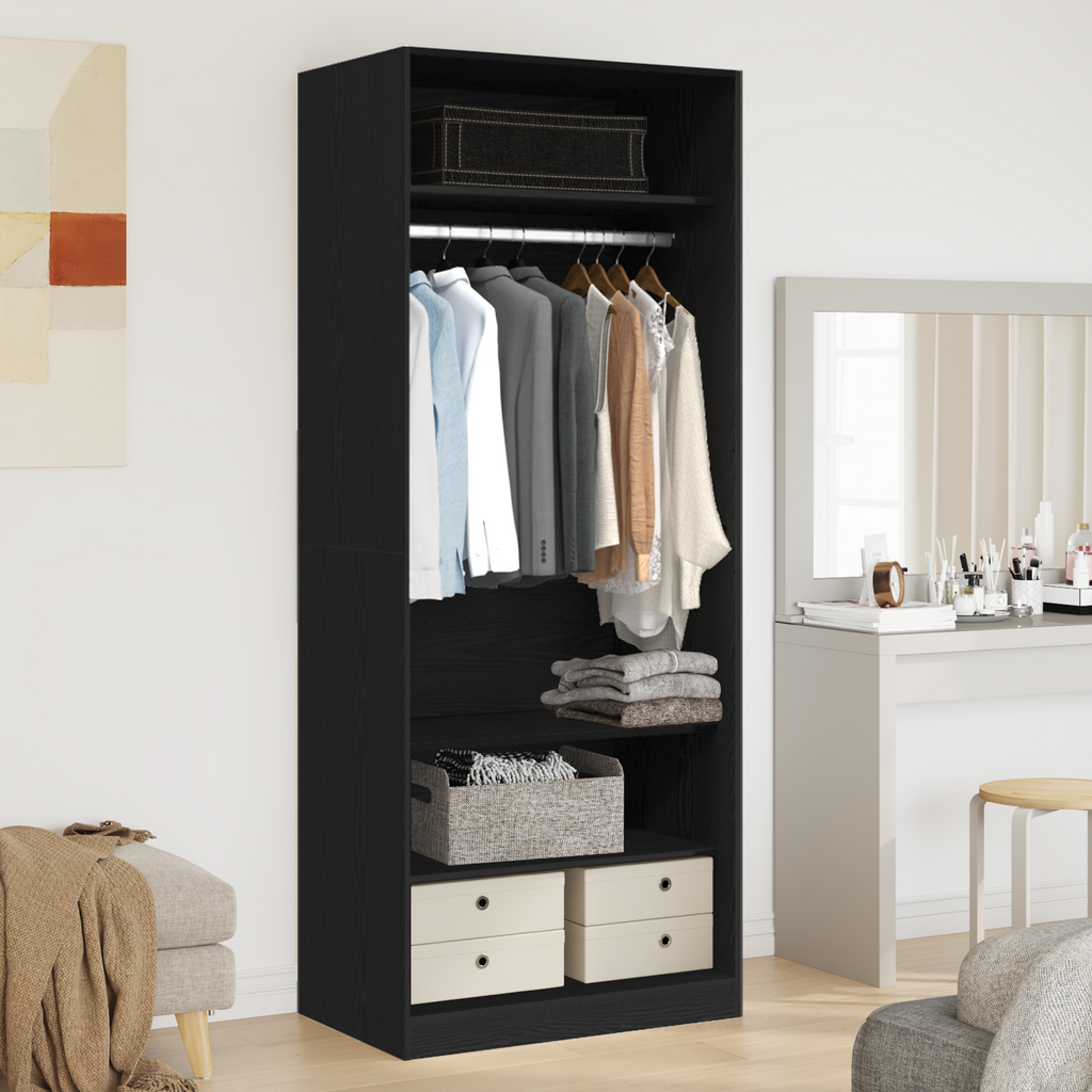 Kleiderschrank Offen mit 3 Regalen aus Holzwerkstoff Schwarz Eiche 80 x 50 x 200 cm