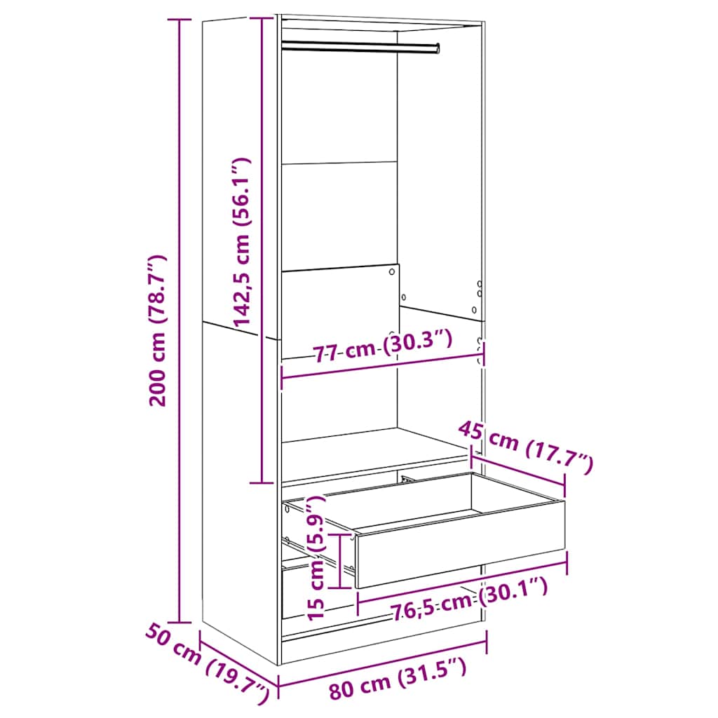 Kleiderschrank Offen mit 2 Schubladen aus Holzwerkstoff Schwarz Eiche 80 x 50 x 200 cm