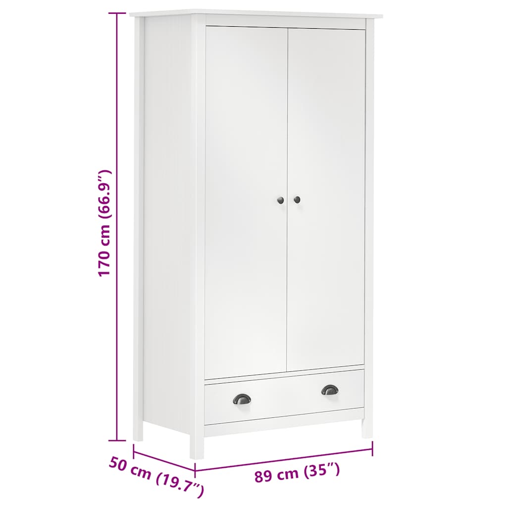 Kleiderschrank 2 Türen mit Schublade Kiefernholz Massiv Weiß 89 x 50 x 170 cm