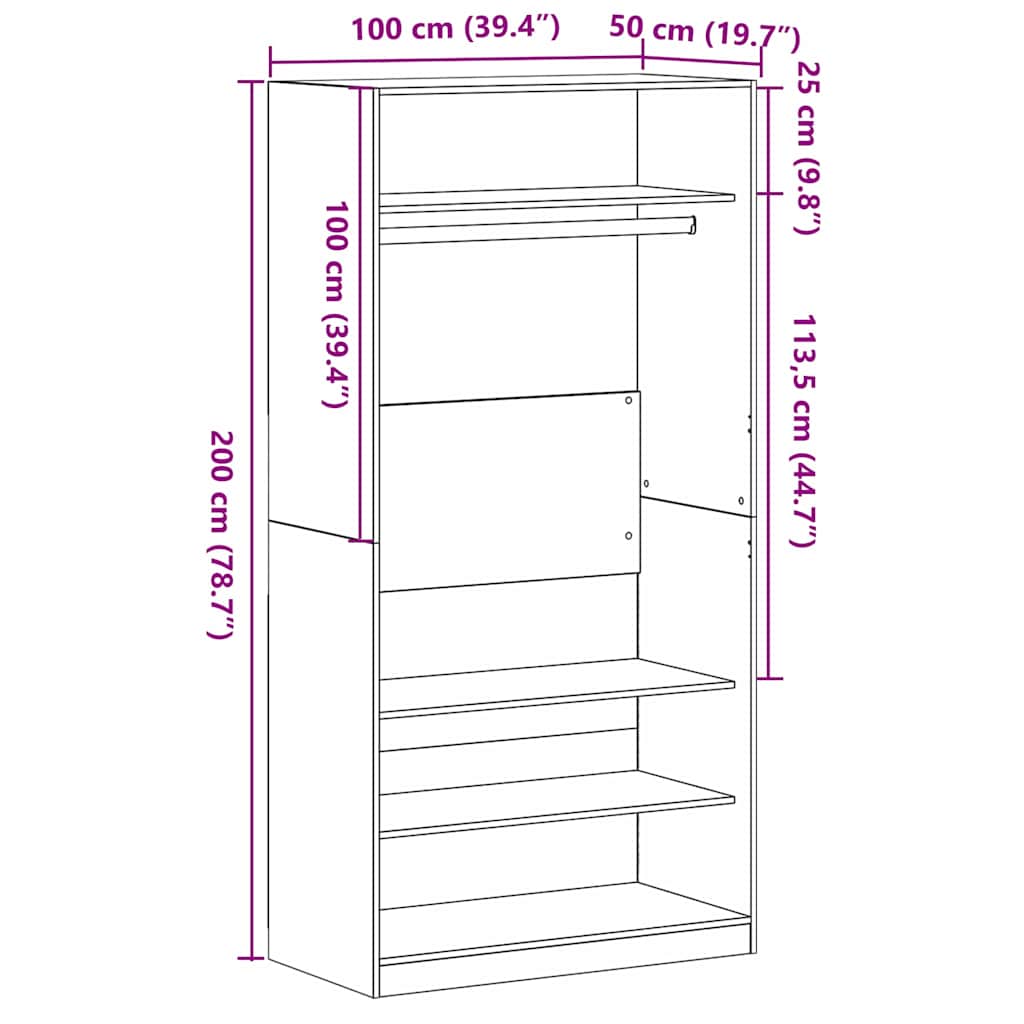 Kleiderschrank Offen mit 3 Regalen aus Holzwerkstoff Schwarz Eiche 100 x 50 x 200 cm