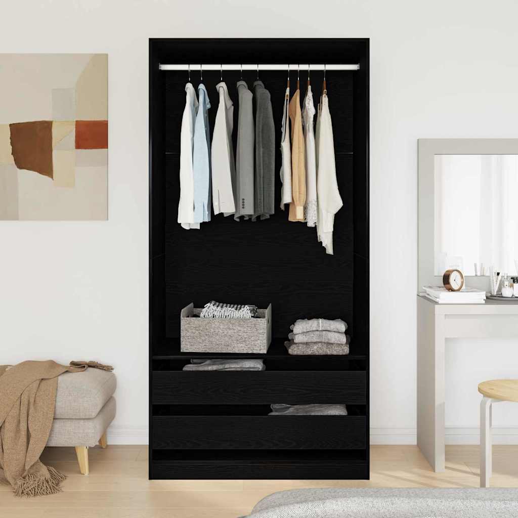 Kleiderschrank Offen mit 2 Schubladen aus Holzwerkstoff Schwarz Eiche 100 x 50 x 200 cm