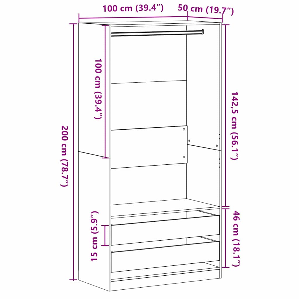 Kleiderschrank Offen mit 2 Schubladen aus Holzwerkstoff Schwarz Eiche 100 x 50 x 200 cm