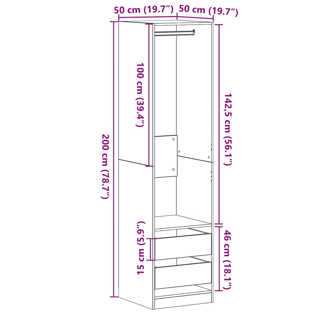 Kleiderschrank Offen mit 2 Schubladen aus Holzwerkstoff Schwarz Eiche 50 x 50 x 200 cm