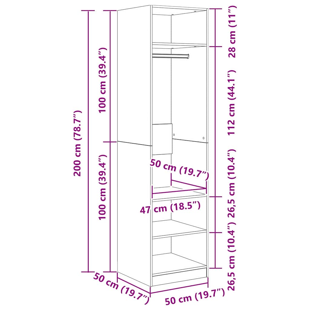 Kleiderschrank Offen mit 3 Regalen  aus Holzwerkstoff Schwarz Eiche 50 x 50 x 200 cm