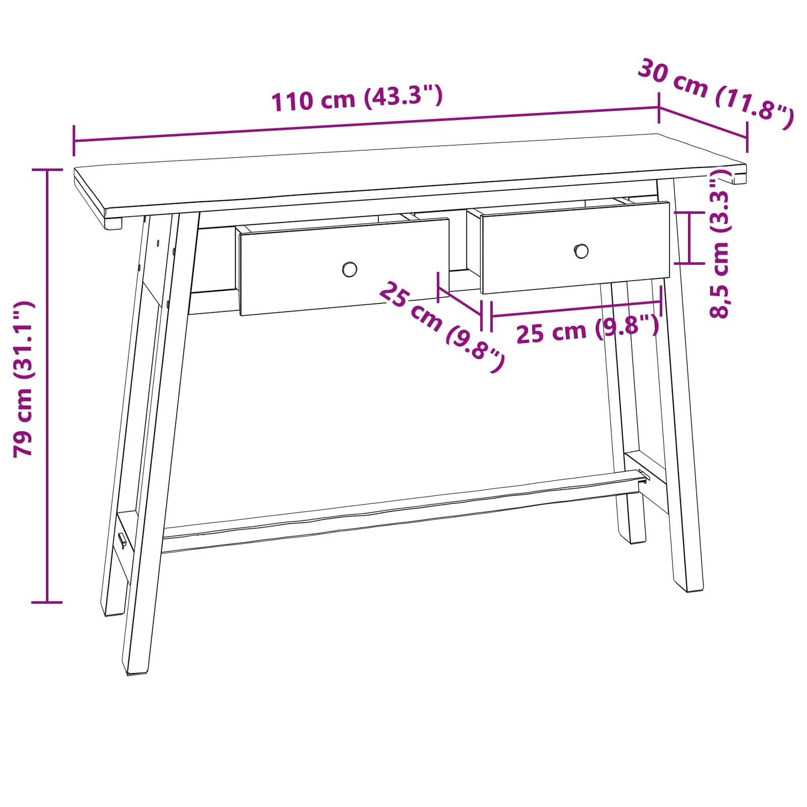 Schreibtisch Braun 110 X 30 X 79 Cm Massives Mahagoni Holz