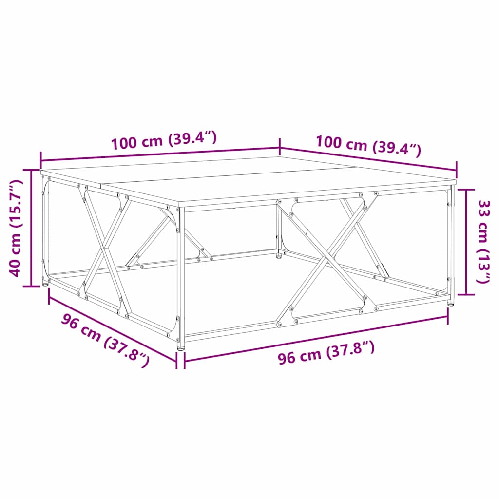 Moderner Wohnzimmertisch aus Holzwerkstoff mit Stahlbeinen - 100×100×40 cm, modernes Design in Schwarz Eiche