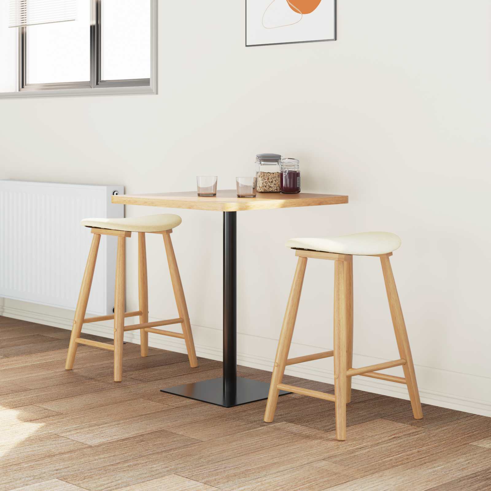 Thekenhocker 2er Set Gummibaum Massiv Natur und Weiß 46 x 37 x 63 cm