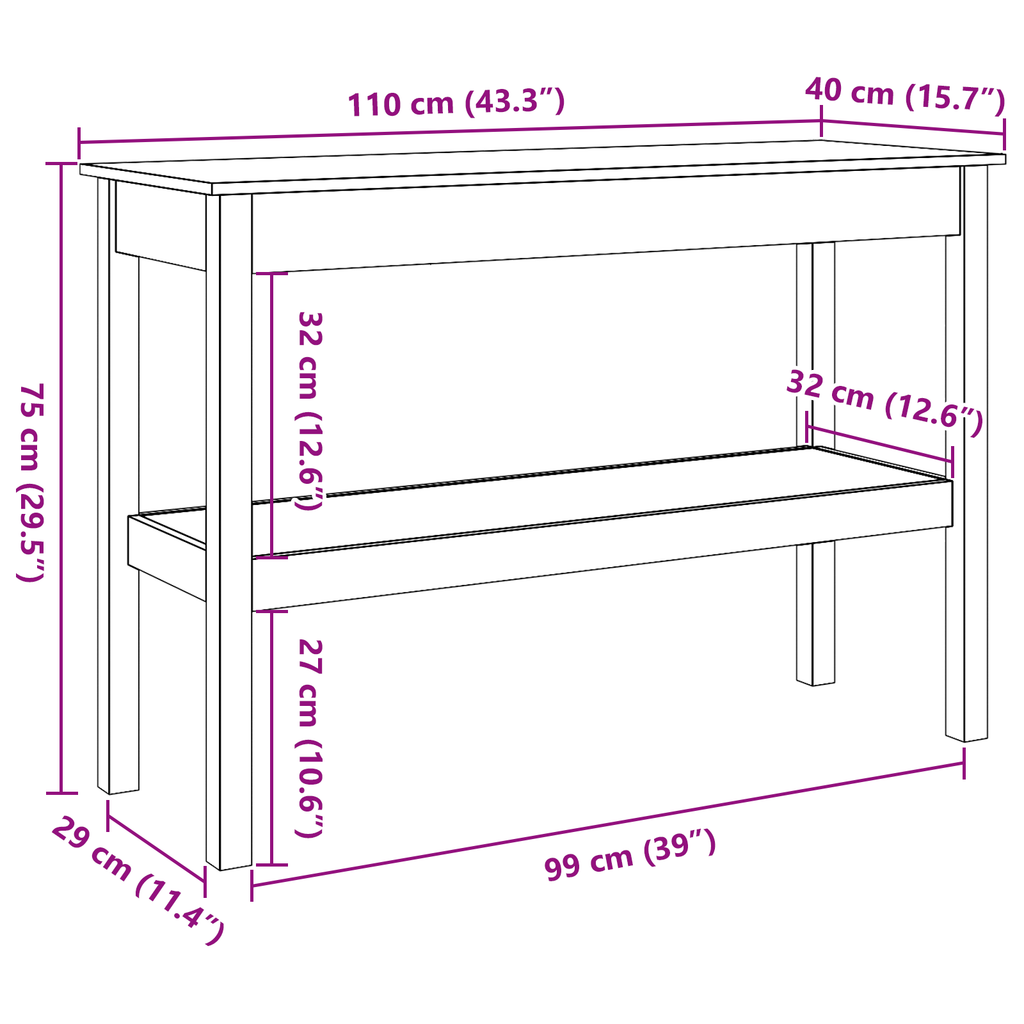 Konsolentisch 110 X 40 X 75 Cm Massives Kiefernholz