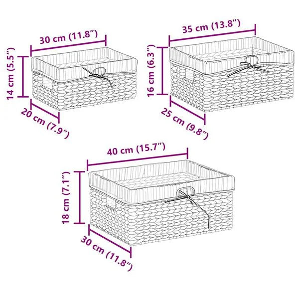 3er Set Aufbewahrungskörbe Wasserhyazinthe Natur rechteckig mit Griff