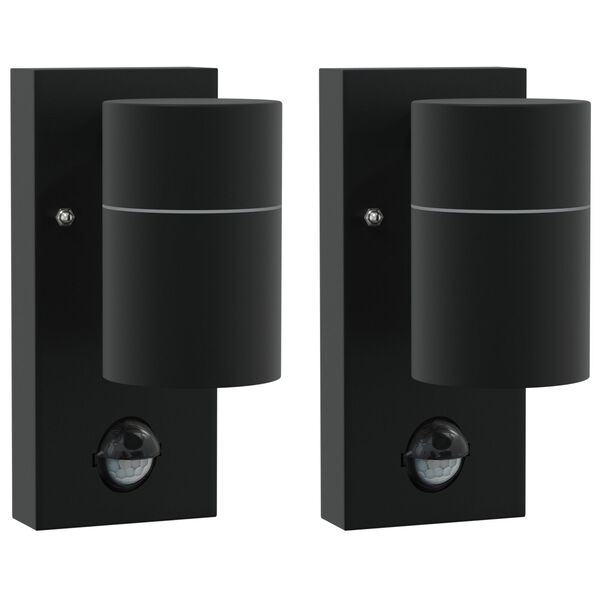 Außenwandleuchte 2er-Set aus Edelstahl und Glas Schwarz mit PIR-Bewegungsmelder, Sensor