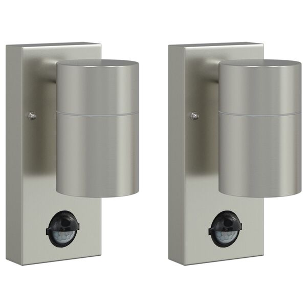 Außenwandleuchte 2er-Set aus Edelstahl und Glas Silber mit PIR-Bewegungsmelder, Sensor