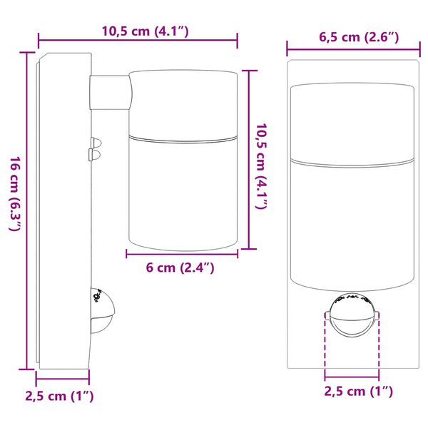 Außenwandleuchte 2er-Set aus Edelstahl und Glas Silber mit PIR-Bewegungsmelder, Sensor