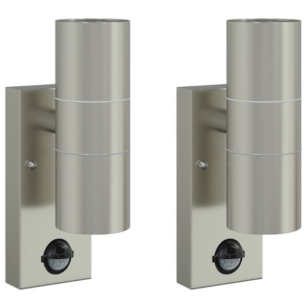 2er-Set Außenwandleuchte Silber aus Edelstahl und Glas mit PIR-Bewegungsmelder, Sensor