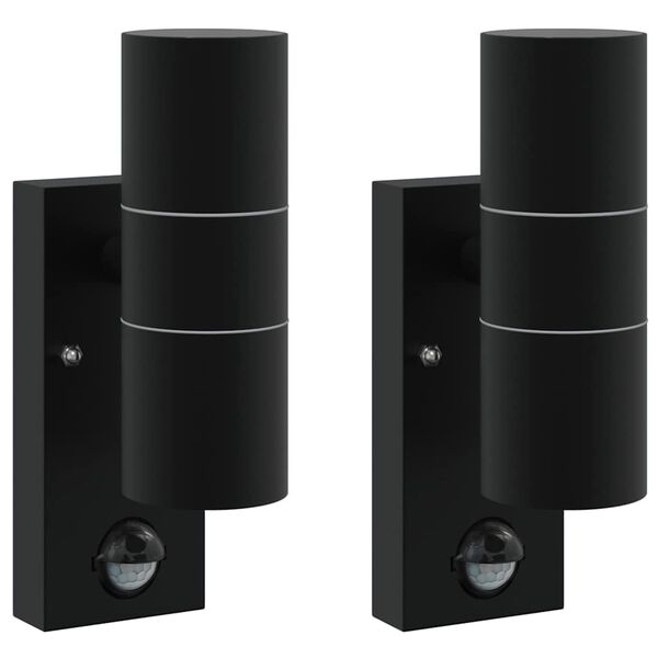 2er-Set Außenwandleuchte Schwarz aus Edelstahl und Glas mit PIR-Bewegungsmelder, Sensor