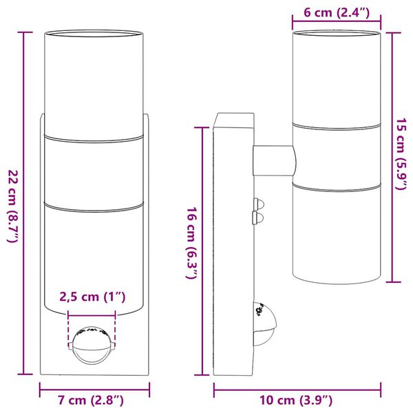 2er-Set Außenwandleuchte Schwarz aus Edelstahl und Glas mit PIR-Bewegungsmelder, Sensor