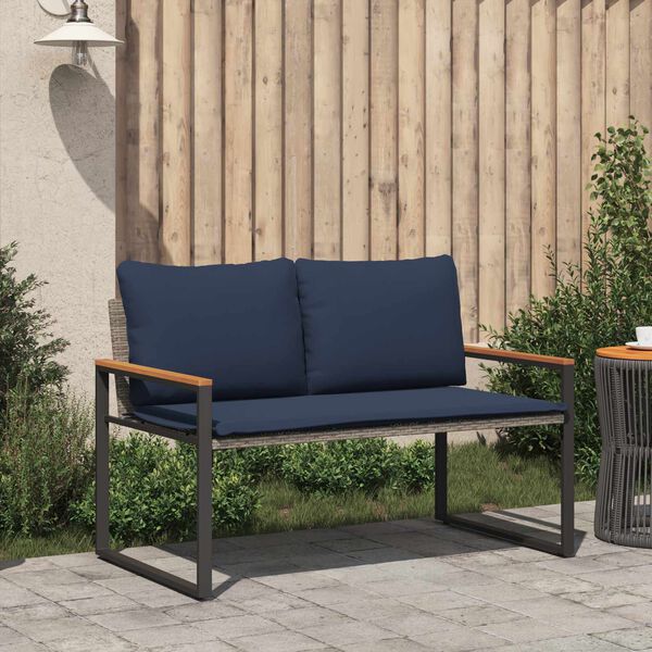 Gartenbank Rattan Grau und Dunkelblau mit Akazienarmlehnen & Kissen 115 x 65 x 72 cm
