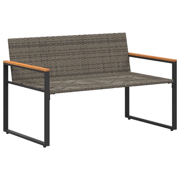 Gartenbank Rattan Grau und Dunkelblau mit Akazienarmlehnen & Kissen 115 x 65 x 72 cm