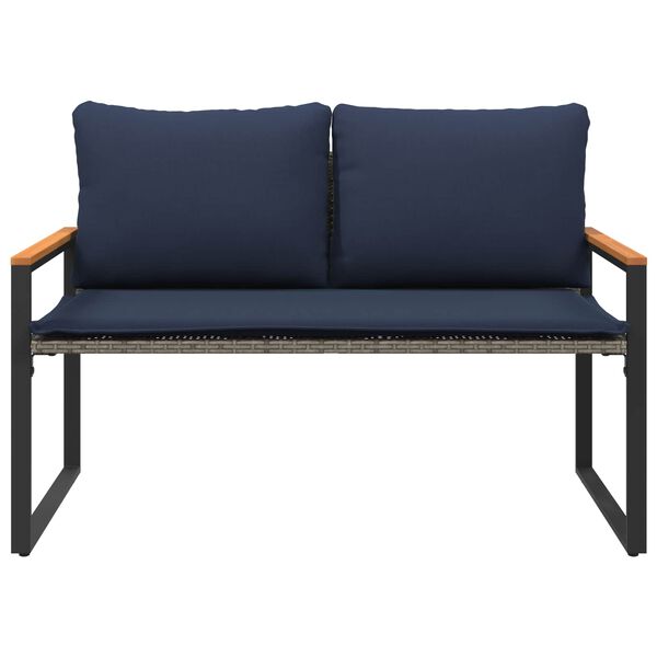 Gartenbank Rattan Grau und Dunkelblau mit Akazienarmlehnen & Kissen 115 x 65 x 72 cm