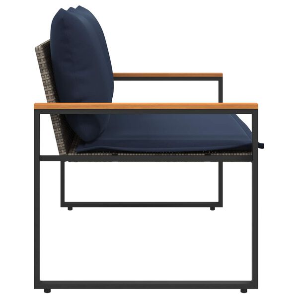 Gartenbank Rattan Grau und Dunkelblau mit Akazienarmlehnen & Kissen 115 x 65 x 72 cm