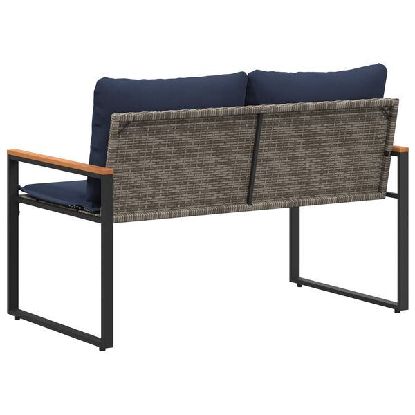 Gartenbank Rattan Grau und Dunkelblau mit Akazienarmlehnen & Kissen 115 x 65 x 72 cm