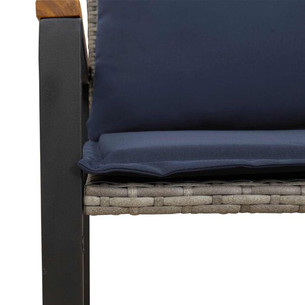 Gartenbank Rattan Grau und Dunkelblau mit Akazienarmlehnen & Kissen 115 x 65 x 72 cm