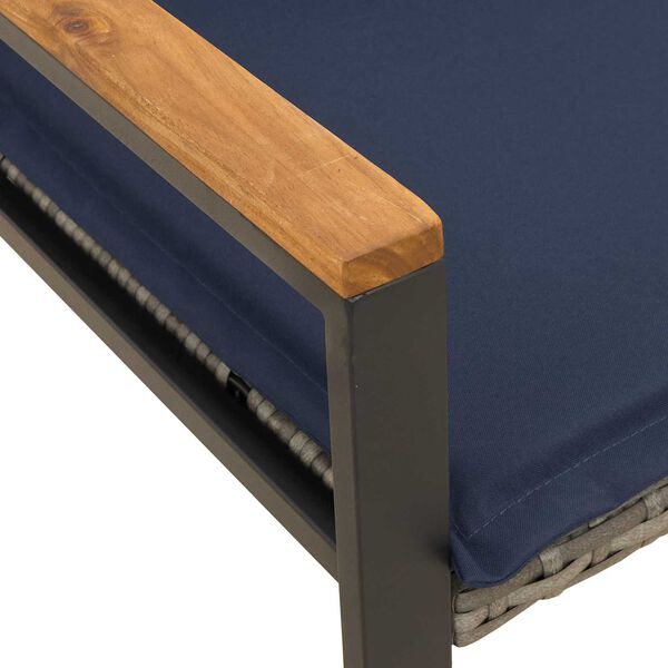 Gartenbank Rattan Grau und Dunkelblau mit Akazienarmlehnen & Kissen 115 x 65 x 72 cm