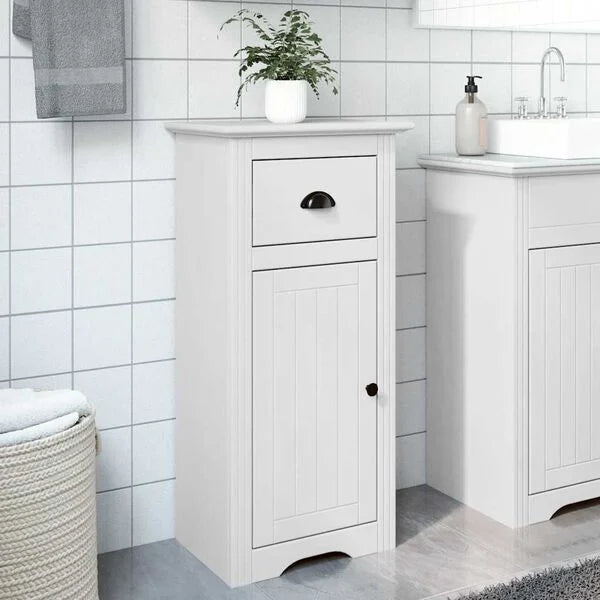 Badezimmerschrank Holz Massiv Weiß mit Schublade & Tür 44 x 30 x 90 cm