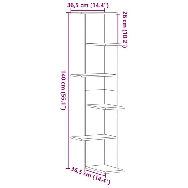 Wand-Eckregal Braun Eiche 36,5x36,5x140 cm Holzwerkstoff 5 Ablagen