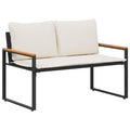 Gartenbank Rattan Schwarz und Cremeweiß mit Akazienarmlehnen & Kissen 115 x 65 x 72 cm