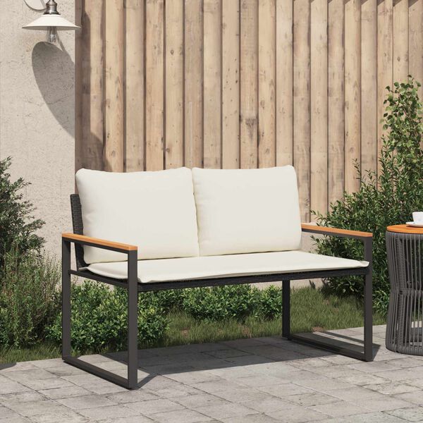 Gartenbank Rattan Schwarz und Cremeweiß mit Akazienarmlehnen & Kissen 115 x 65 x 72 cm
