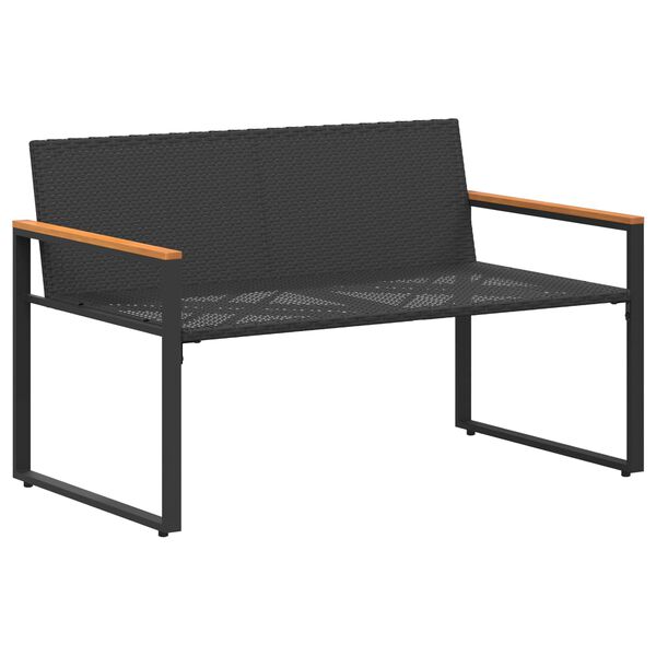 Gartenbank Rattan Schwarz und Cremeweiß mit Akazienarmlehnen & Kissen 115 x 65 x 72 cm
