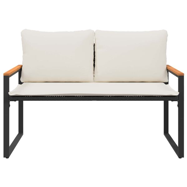 Gartenbank Rattan Schwarz und Cremeweiß mit Akazienarmlehnen & Kissen 115 x 65 x 72 cm