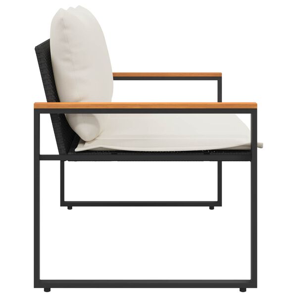 Gartenbank Rattan Schwarz und Cremeweiß mit Akazienarmlehnen & Kissen 115 x 65 x 72 cm