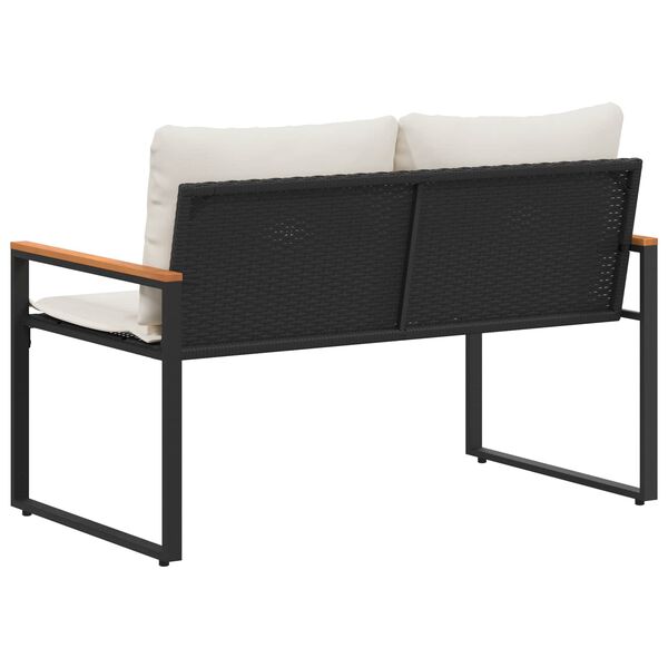Gartenbank Rattan Schwarz und Cremeweiß mit Akazienarmlehnen & Kissen 115 x 65 x 72 cm