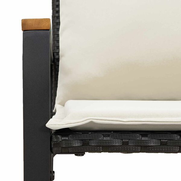 Gartenbank Rattan Schwarz und Cremeweiß mit Akazienarmlehnen & Kissen 115 x 65 x 72 cm