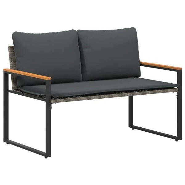 Gartenbank Rattan Grau und Dunkelgrau mit Akazienarmlehnen & Kissen 115 x 65 x 72 cm