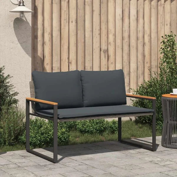 Gartenbank Rattan Grau und Dunkelgrau mit Akazienarmlehnen & Kissen 115 x 65 x 72 cm