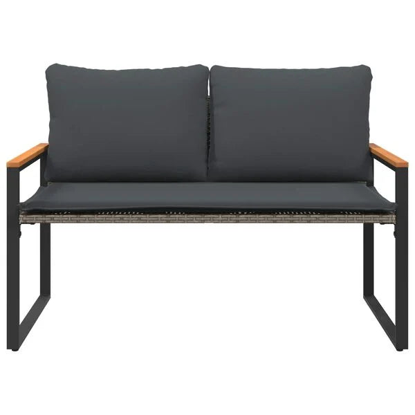 Gartenbank Rattan Grau und Dunkelgrau mit Akazienarmlehnen & Kissen 115 x 65 x 72 cm