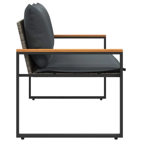 Gartenbank Rattan Grau und Dunkelgrau mit Akazienarmlehnen & Kissen 115 x 65 x 72 cm