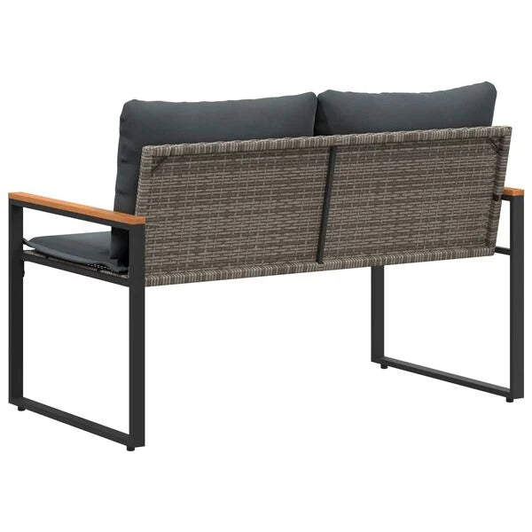 Gartenbank Rattan Grau und Dunkelgrau mit Akazienarmlehnen & Kissen 115 x 65 x 72 cm