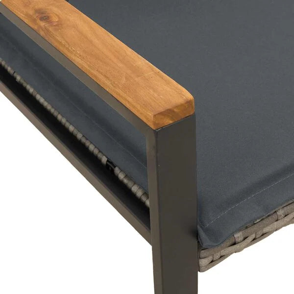 Gartenbank Rattan Grau und Dunkelgrau mit Akazienarmlehnen & Kissen 115 x 65 x 72 cm