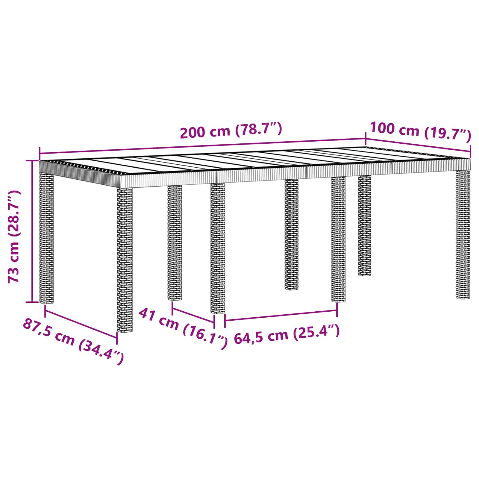 Gartentisch aus Poly-Rattan mit Stahlrahmen Schwarz 200 x 100 x 73 cm