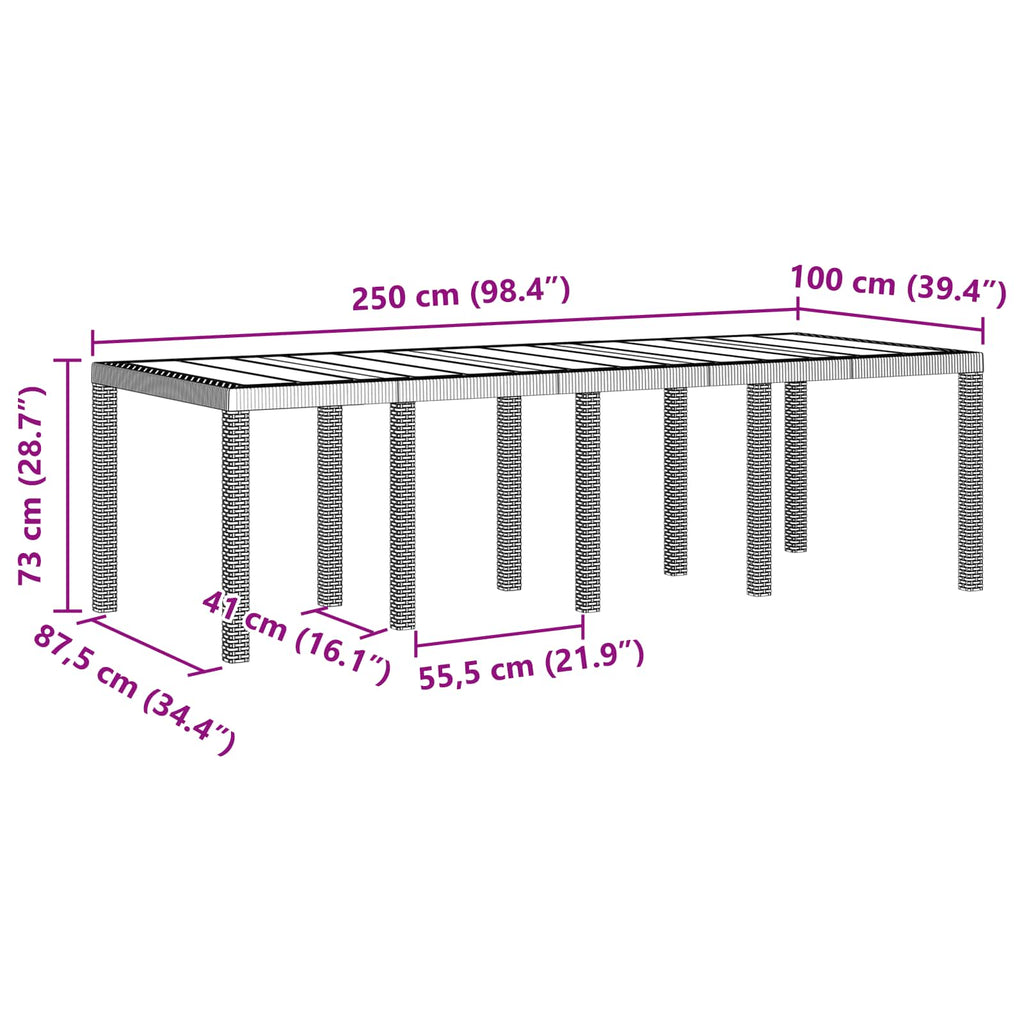 Gartentisch aus Poly-Rattan mit Stahlrahmen Schwarz 250 x 100 x 73 cm