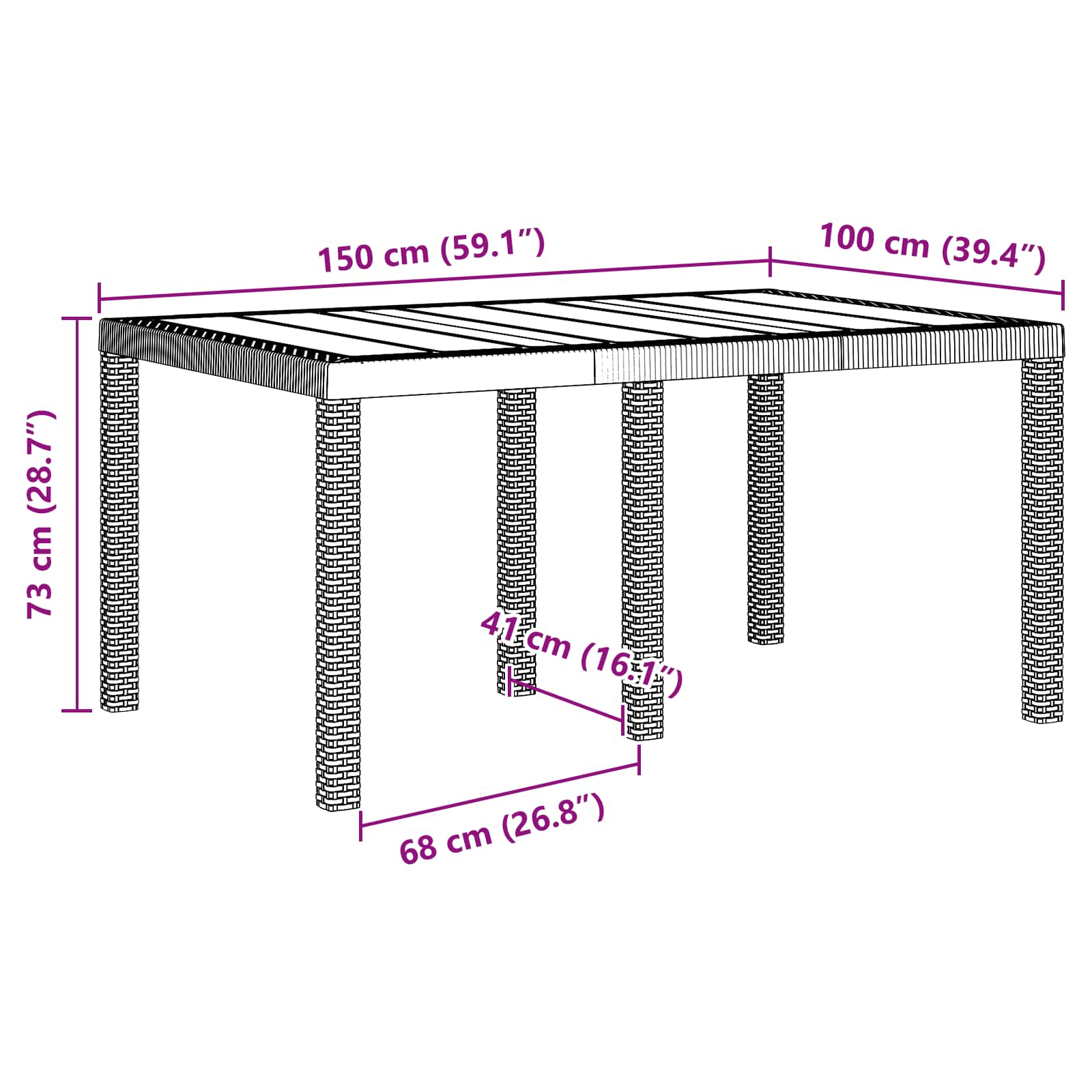 Gartentisch aus Poly-Rattan mit Stahlrahmen Braun 150 x 100 x 73 cm