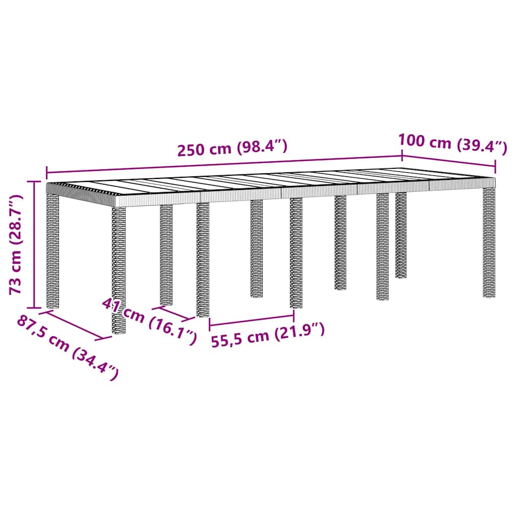 Gartentisch aus Poly-Rattan mit Stahlrahmen Braun 250 x 100 x 73 cm