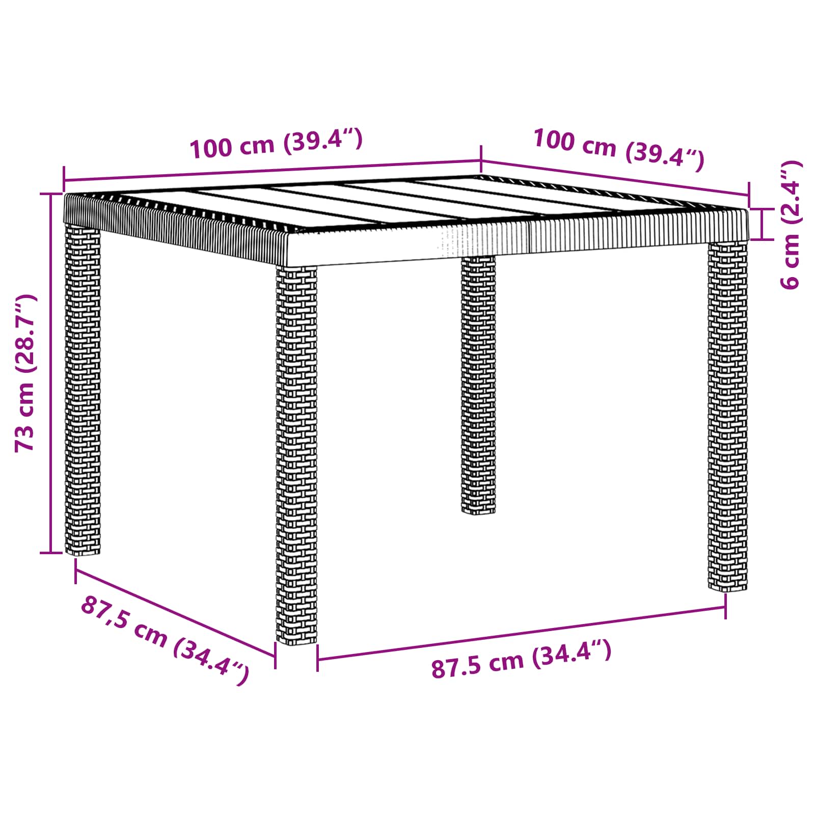 Gartentisch aus Poly-Rattan mit Stahlrahmen Braun 100 x 100 x 73 cm
