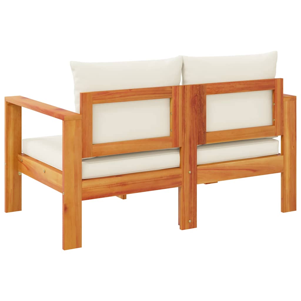 Gartensofa 2-Sitzer mit Armlehnen aus Akazienholz mit Kissen Cremeweiß 122 x 68 x 64 cm