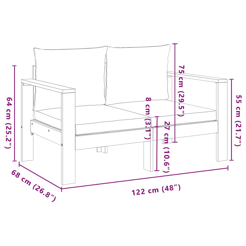 Gartensofa 2-Sitzer mit Armlehnen aus Akazienholz mit Kissen Cremeweiß 122 x 68 x 64 cm