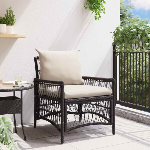 Gartenstuhl Poly-Rattan Schwarz und Cremeweiß mit Kissen & Armlehnen 73 x 61 x 77 cm