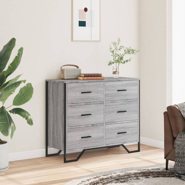 Kommode Grau Sonoma mit 6 Schubladen aus Holzwerkstoff 91 x 35,5 x 74,5 cm